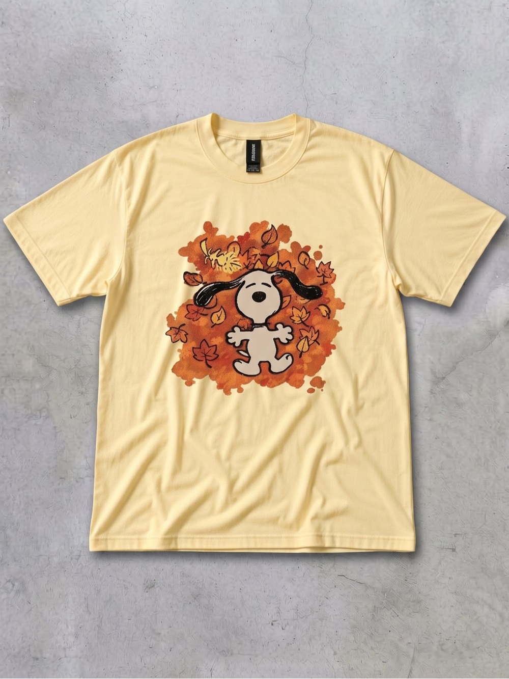Cute Autumn Dog Fall Leaves Graphic Tee - Gildan Light Yellow T-Shirt